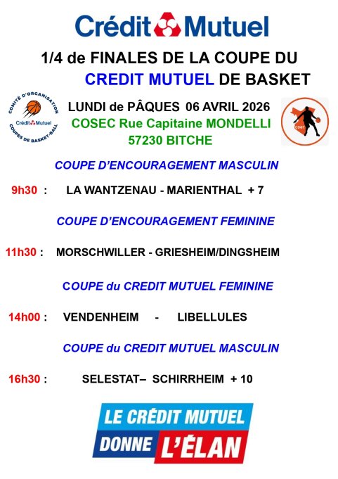 1/4 de finales Coupe Crédit Mutuel - 6 avril 2026